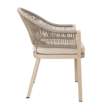 Stackable outdoor chair with aluminium frame, rope accents, and light brown cushion