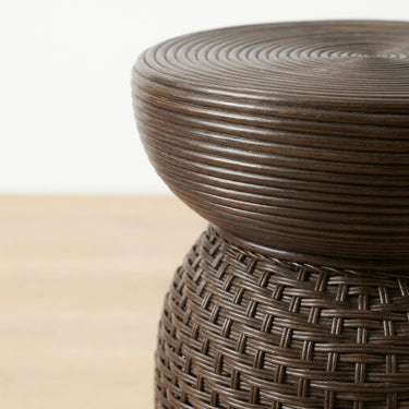 Brown outdoor side table ribbed circular top.