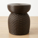 Brown woven rattan side table with a Round top.