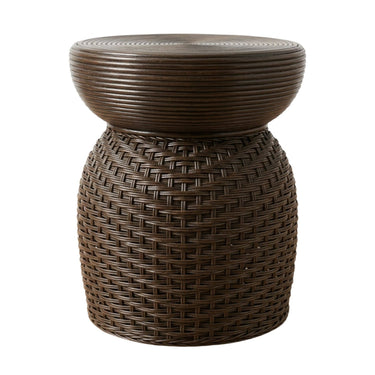 Dark brown woven side table with a ribbed circular top.