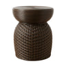 Dark brown woven side table with a ribbed circular top.