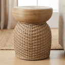 Koko Coiled Rattan Side Table in Tan, styled in a living room