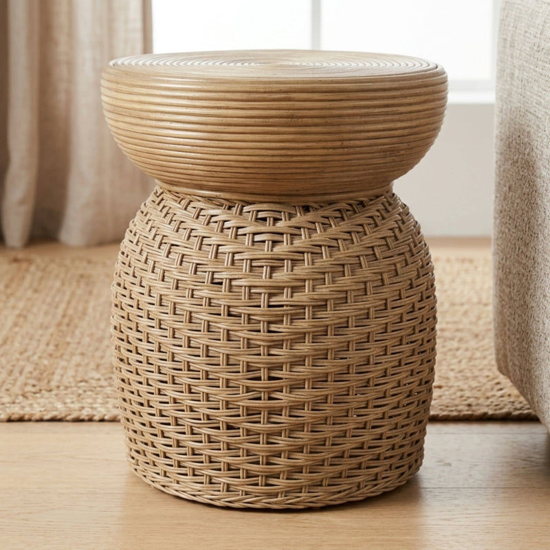 Koko Coiled Rattan Side Table in Tan, styled in a living room