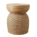 A natural woven rattan side table with a round slatted top and a textured cylindrical base.