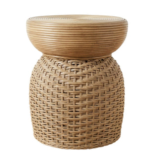 Woven rattan side table with a round coiled top and a basketweave base.