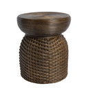 Dark brown woven rattan stool with a coiled rattan top.