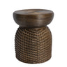 Dark brown woven rattan stool with a coiled rattan top.