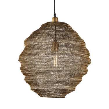 Lampara small gold iron mesh pendant light with a textured, bee-hive shape.