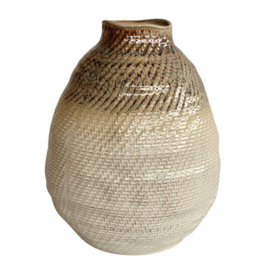 Large Cream and Brown Ceramic Vase with Basket Weave Texture
