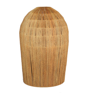 A natural woven jute pendant lampshade with a rounded, ribbed dome shape, shown against a plain white background.