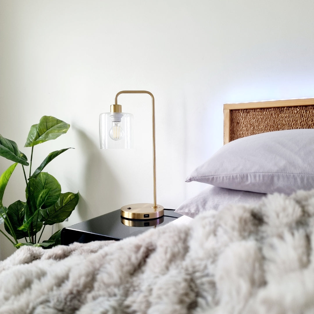 bedside lamp with a USB charging port, ideal for modern bedrooms and convenient charging by Woodka Interiors