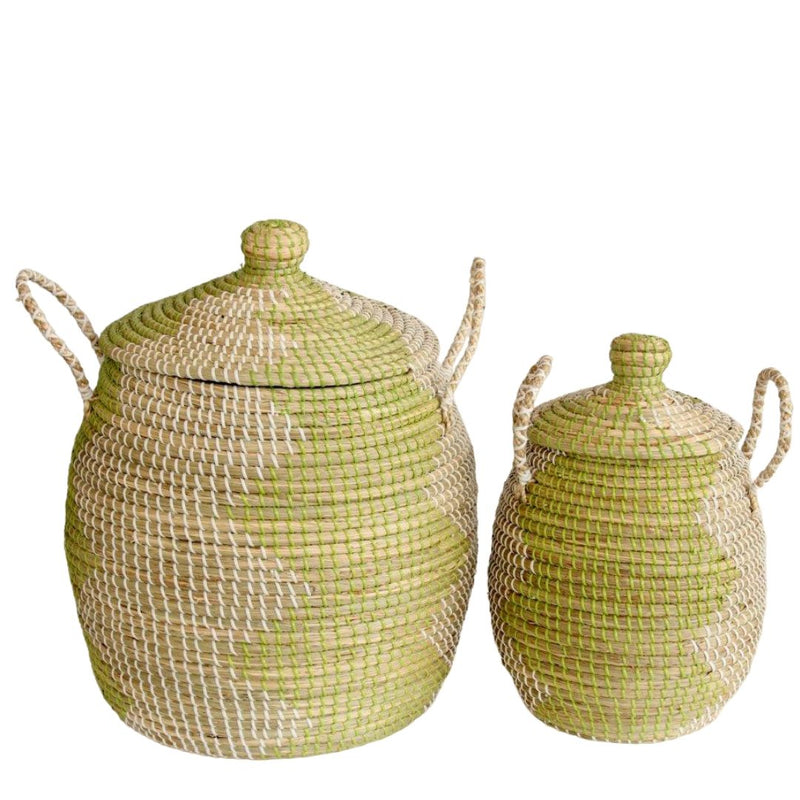 green lidded natural woven storage basket with handles set of 2