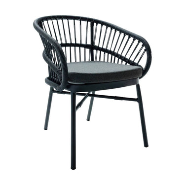 Lola outdoor dining chair in volcanic charcoal finish with dark PET rattan frame.