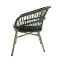 Side view of the Lola outdoor dining chair in Kelp green showing the contoured rope backrest and slim metal legs.