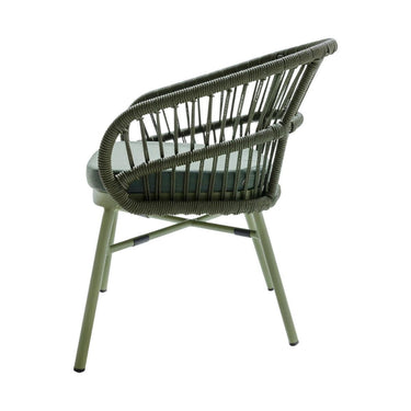 Side view of the Lola outdoor dining chair in Kelp green showing the contoured rope backrest and slim metal legs.