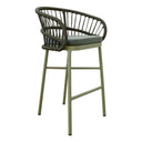 Lola modern outdoor bar stool with a curved backrest made of dark woven rope, cushioned seat, and a light sage green metal frame.