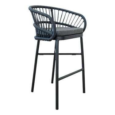 Lola modern high-back bar stool with a dark gray woven rope backrest, curved armrests, and cushioned seat on slim black metal legs,.