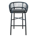 Lola modern outdoor bar stool with a dark gray woven rope backrest, cushioned seat, and a black metal frame with crossed leg supports.