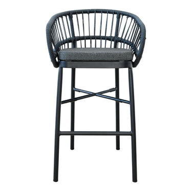 Lola modern outdoor bar stool with a dark gray woven rope backrest, cushioned seat, and a black metal frame with crossed leg supports.