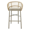 Lola modern bar stool with a curved backrest made of natural woven rope, a light beige fabric seat cushion, and a slim silver metal frame with cross-bracing.