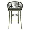 Lola modern outdoor bar stool with a dark green woven rope backrest, cushioned seat, and a sage green metal frame.