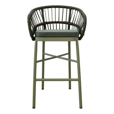 Lola modern outdoor bar stool with a dark green woven rope backrest, cushioned seat, and a sage green metal frame.