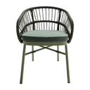 Lola Outdoor Dining Chair in green light hand-woven rattan, a powder-coated aluminium frame, and upholstered cushion.