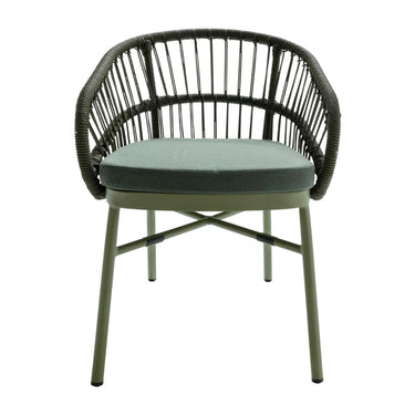 Lola Outdoor Dining Chair in green light hand-woven rattan, a powder-coated aluminium frame, and upholstered cushion.