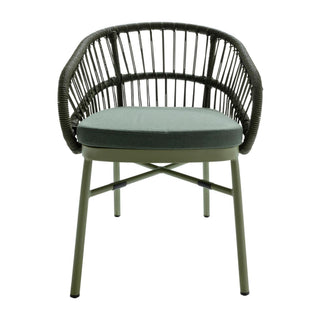 Lola Outdoor Dining Chair in green light hand-woven rattan, a powder-coated aluminium frame, and upholstered cushion.