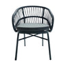 Lola outdoor dining chair in volcanic charcoal finish with dark PET rattan frame, powder-coated aluminium base, and upholstered cushion.
