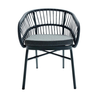 Lola Outdoor Dining Chair in charcoal woven rattan, a powder-coated aluminium frame, and upholstered cushion.