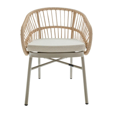 Lola Outdoor Dining Chair in natural hand-woven rattan, a powder-coated aluminium frame, and upholstered cushion.