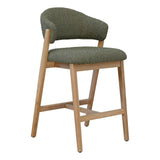 Lorenzo Counter Chair in Natural solid oak wood with a curved backrest and green bouclé upholstered seat cushion