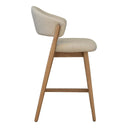 Lorenzo Counter Chair side view in Natural solid oak wood with a curved backrest and a cream-colored bouclé upholstered seat cushion
