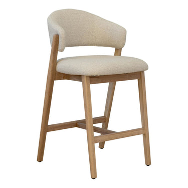 Lorenzo Counter Chair in Natural solid oak wood with a curved backrest and a cream-colored bouclé upholstered seat cushion