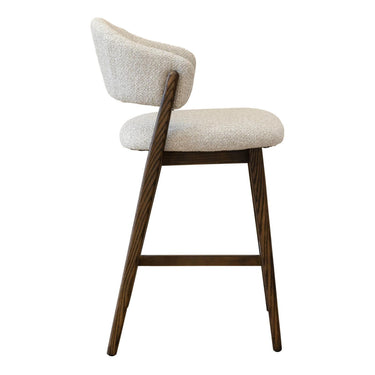 Lorenzo Counter Chair in Natural solid oak wood with a natural curved backrest and bouclé upholstered seat cushion side view