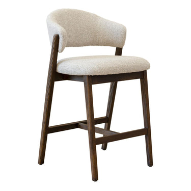 Lorenzo Counter Chair in Natural solid oak wood with a natural curved backrest and bouclé upholstered seat cushion