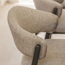 Close-up of Lorenzo Counter Chair in dark-stained oak wood and a natural wrap-around curved backrest.
