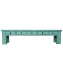 extra long tv unit low console with five drawers in turquoise distressed finish.