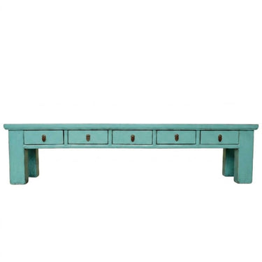 extra long tv unit low console with five drawers in turquoise distressed finish.