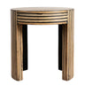 Luma round bamboo side table with a graphic multidirectional natural wood stripe design and a curved arched block base.