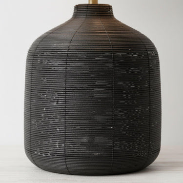 black rattan cane texture on the Luna Black Rattan Modern Lamp showing the unique rattan light weave