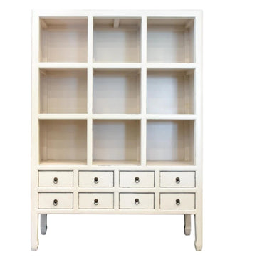 White Mandarin display cabinet with open shelving and brass hardware
