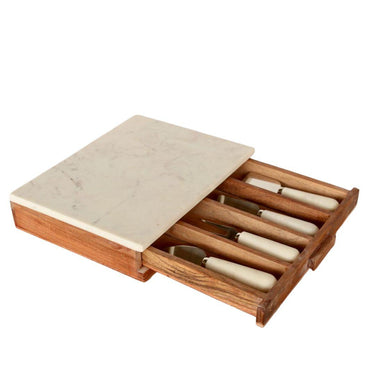 Angled view of cheese knife set with board, box partially open with visible knives