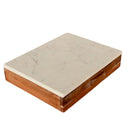 Closed wooden storage box featuring white marble cheese board lid