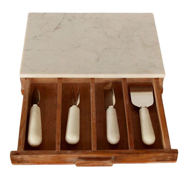 Marble cheese knife set shown with lid slid open to reveal knives inside