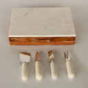  Luxury cheese knife set displayed with knives outside box, lid used as serving board
