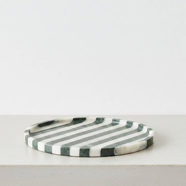 Marble coffee table tray in round green and white striped marble