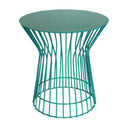 Turquoise metal round side table with hourglass silhouette, perfect for smaller spaces and any room.