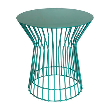 Turquoise metal round side table with hourglass silhouette, perfect for smaller spaces and any room.